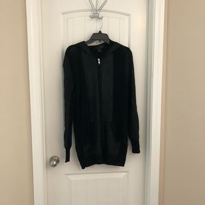 Factory knitted zip up leather look hoodie crochet